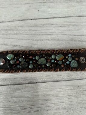 Handmade Brown Leather Turquoise Beaded Cuff Bracelet